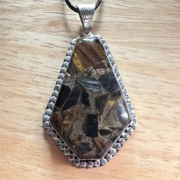 New Large Tigers Eye Stone Copper Acrylic Coffin Shaped Silver Overlay Pendant - Picture 5 of 6